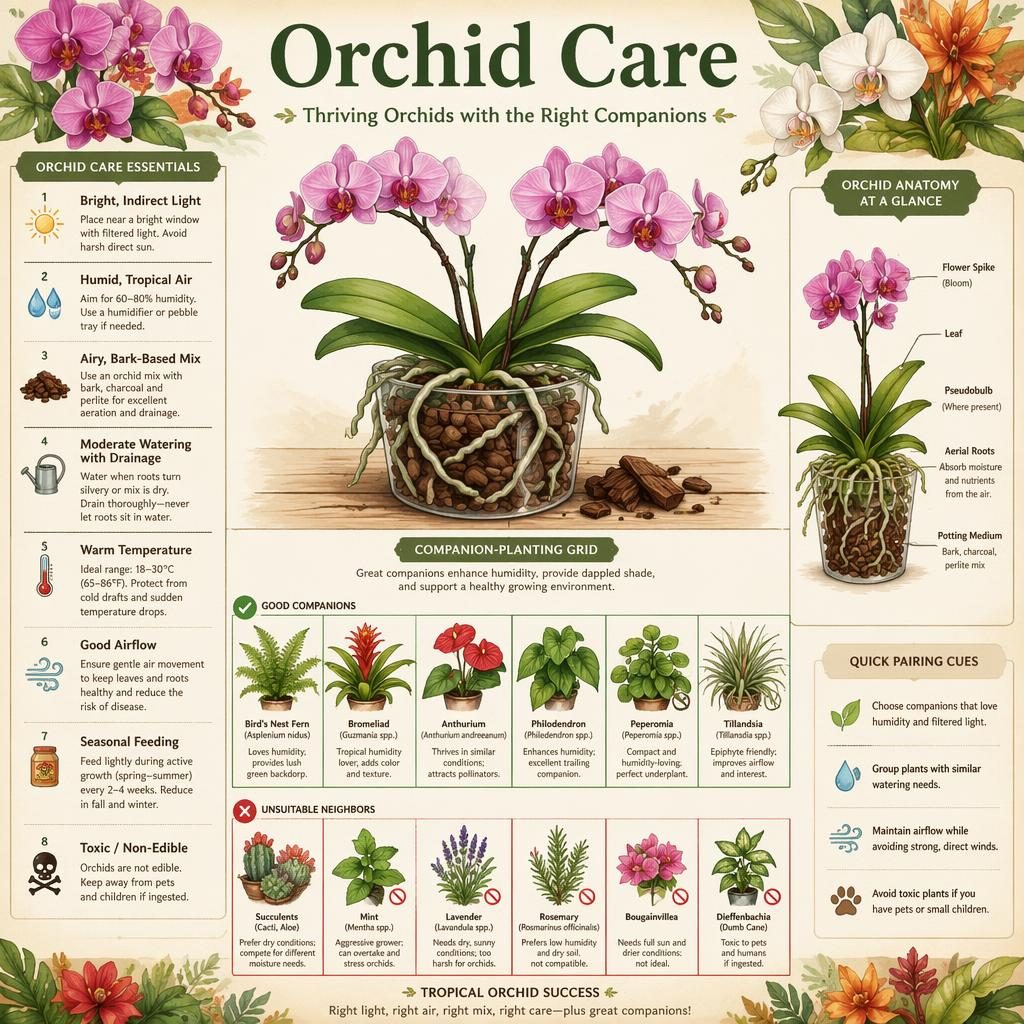 Watercolor orchid care infographic with companion-planting grid, tropical plants, orchid roots, blooms, bark mix, and care callouts.
