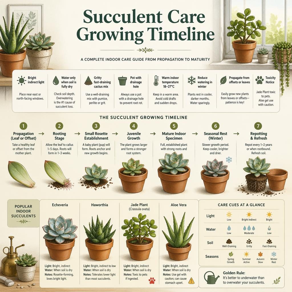 Horizontal succulent care timeline infographic with propagation, rooting, rosette growth, mature plants, repotting, and indoor care icons.