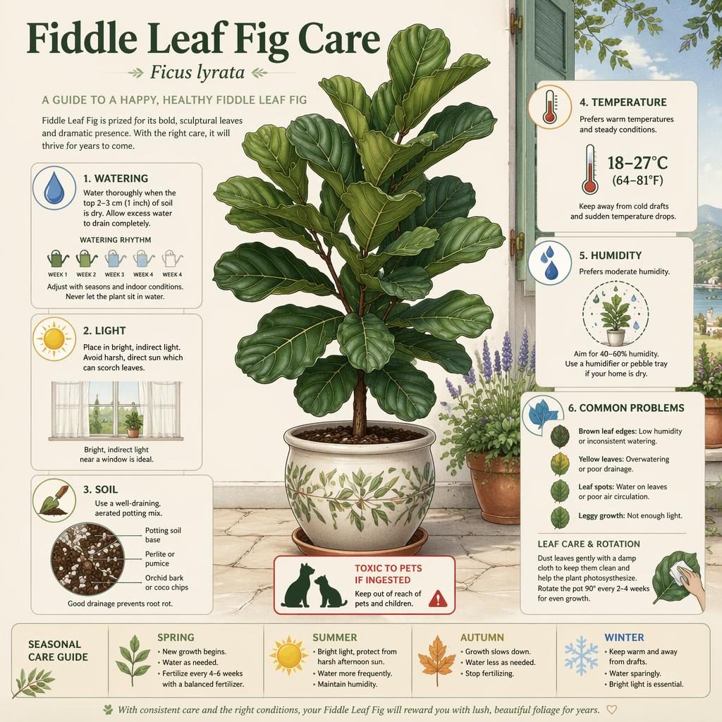 Botanical infographic of a fiddle leaf fig in a pot with 6 care callouts, seasonal cues, icons, and pet toxicity note.