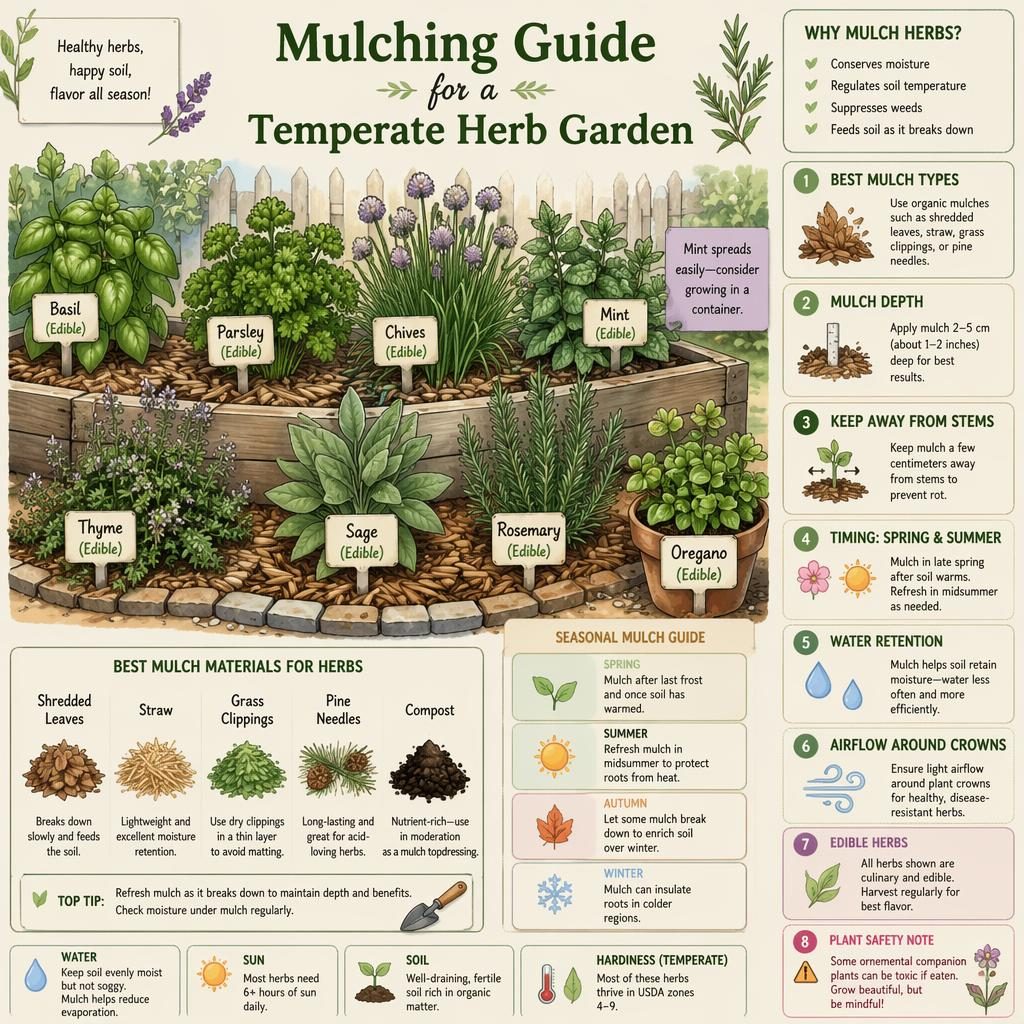 Botanical herb garden infographic with mulch tips, labeled herbs, pastel icons, and temperate bed layout.