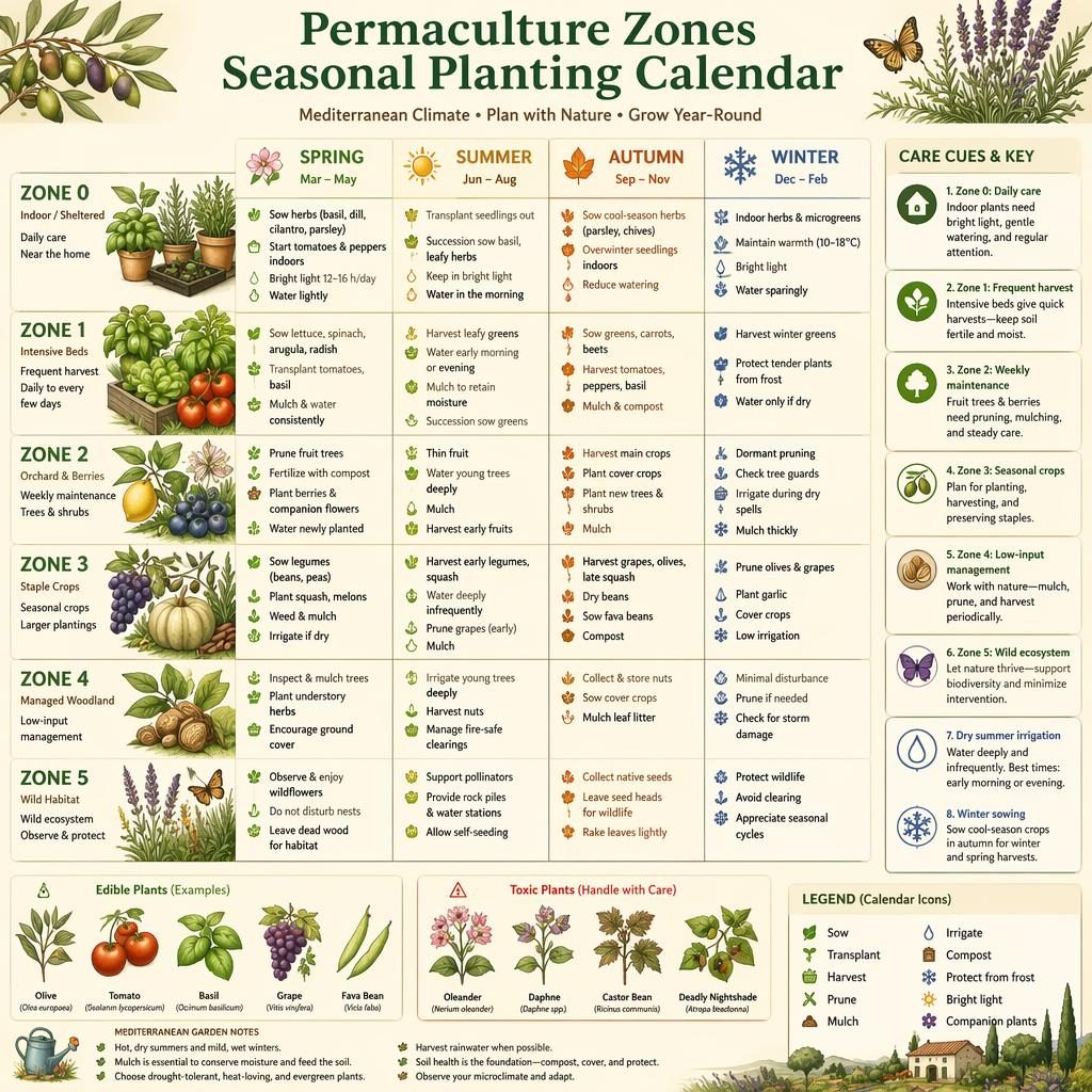 Botanical infographic of a Mediterranean permaculture cultivation calendar with zones 0-5, seasonal bands, and plant care callouts.