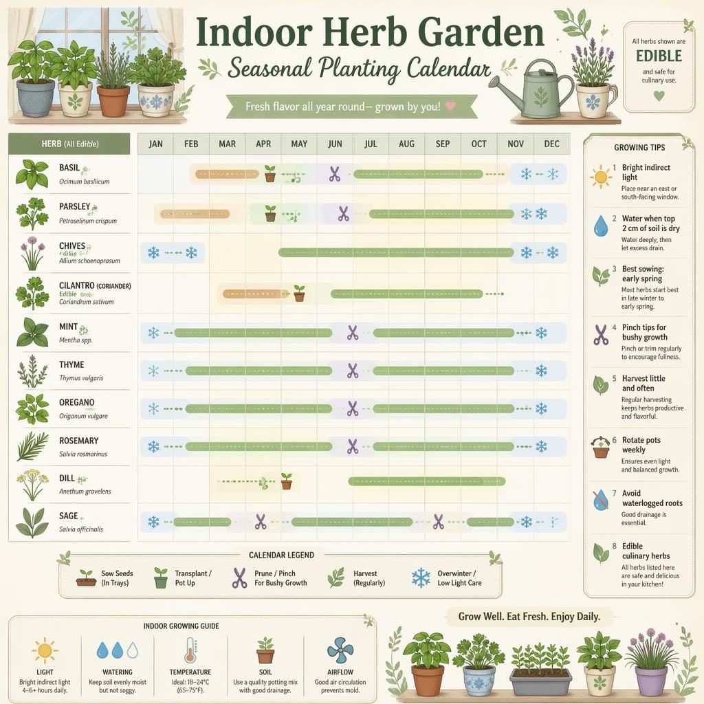 Infographie illustrée d’un calendrier mensuel des herbes aromatiques d’intérieur, de janvier à décembre, en palette pastel.