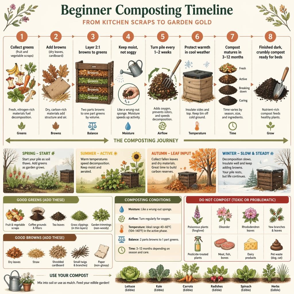 Flat gardening infographic showing a beginner composting timeline with scraps, leaves, straw, turning, seasons, and finished compost.