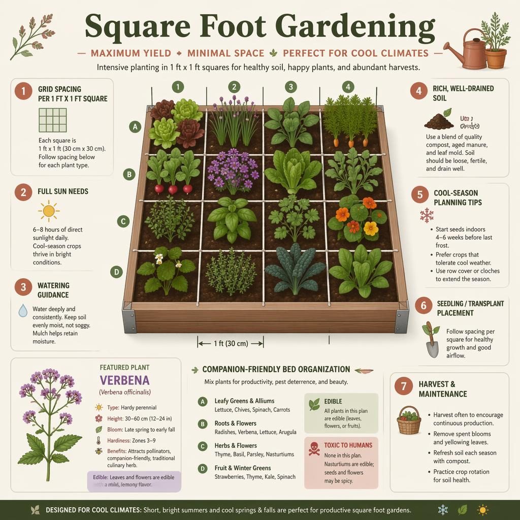 Minimal flat infographic of a square foot raised bed with English callouts and a small botanical verbena illustration.