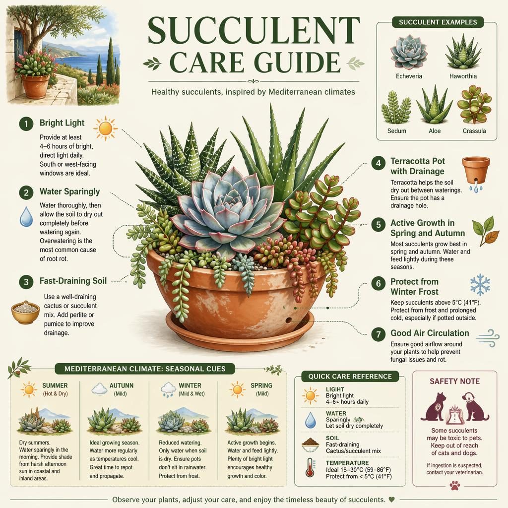 Botanical succulent care infographic with labeled callouts, care icons, seasonal panel, and mixed Echeveria, Aloe, Sedum.