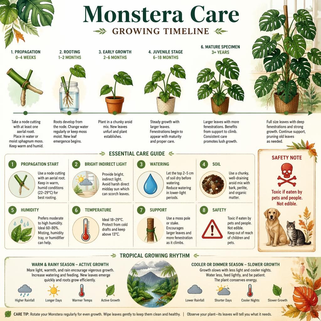 Watercolor Monstera care timeline infographic with 8 labeled callouts, tropical icons, and juvenile-to-mature plant stages.