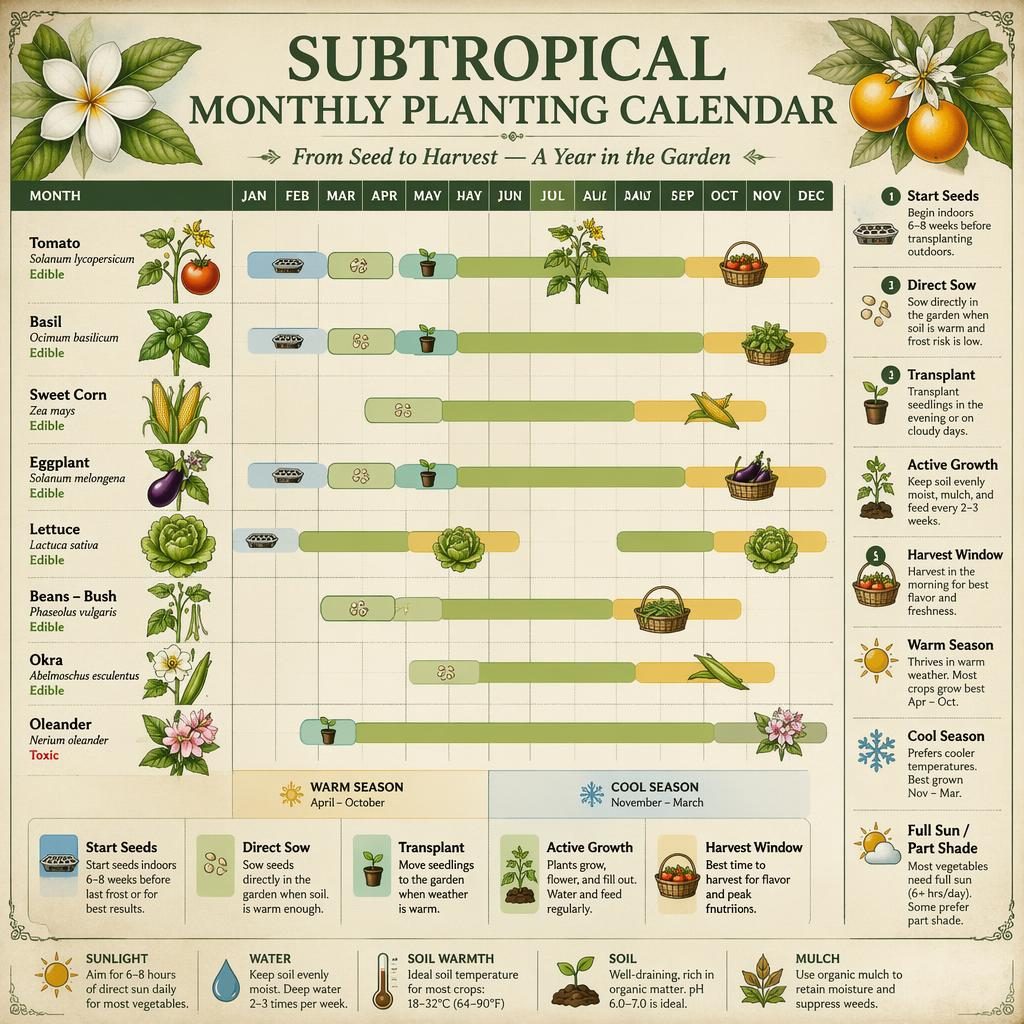 Vintage-style subtropical monthly planting calendar infographic with seed-to-harvest timeline, month markers, plant stages, and care icons.