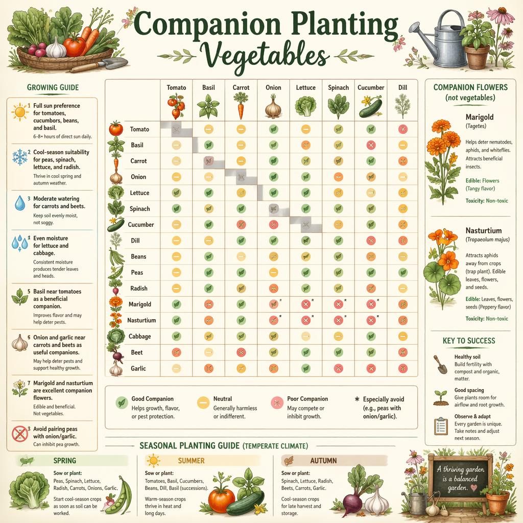 Pastel sketchnote infographic grid of companion planting vegetables with labeled vegetables, flowers, legend, and care callouts.