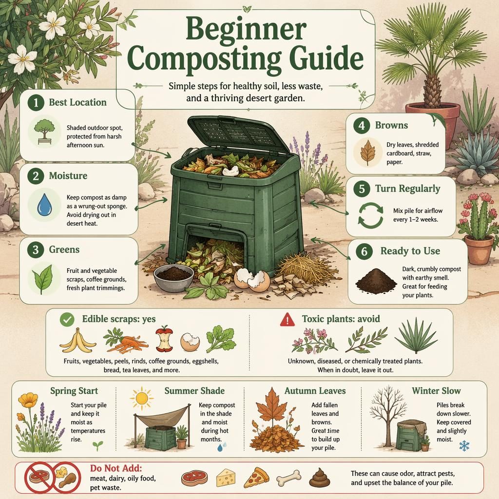 Vertical beginner composting infographic with garden scraps, compost bin, 6 callouts, seasonal strip, and potted young palm.
