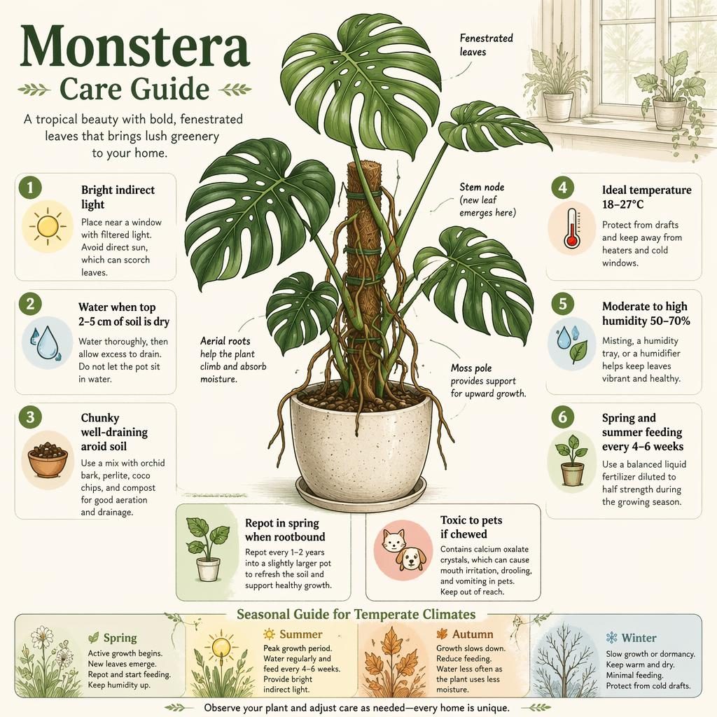 Infografía botánica de Monstera deliciosa en maceta con 8 notas de cuidado, iconos y paleta pastel estilo cottage.