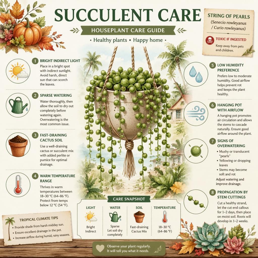 Watercolor succulent care infographic with String of Pearls, labeled care callouts, icons, and toxic if ingested note.