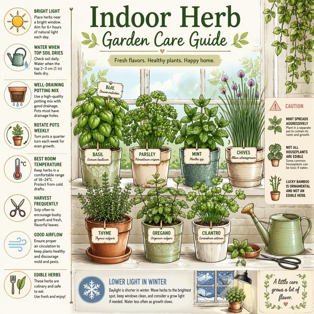 Pastel botanical infographic of potted indoor herbs on a bright windowsill with care icons and a caution about lucky bamboo
