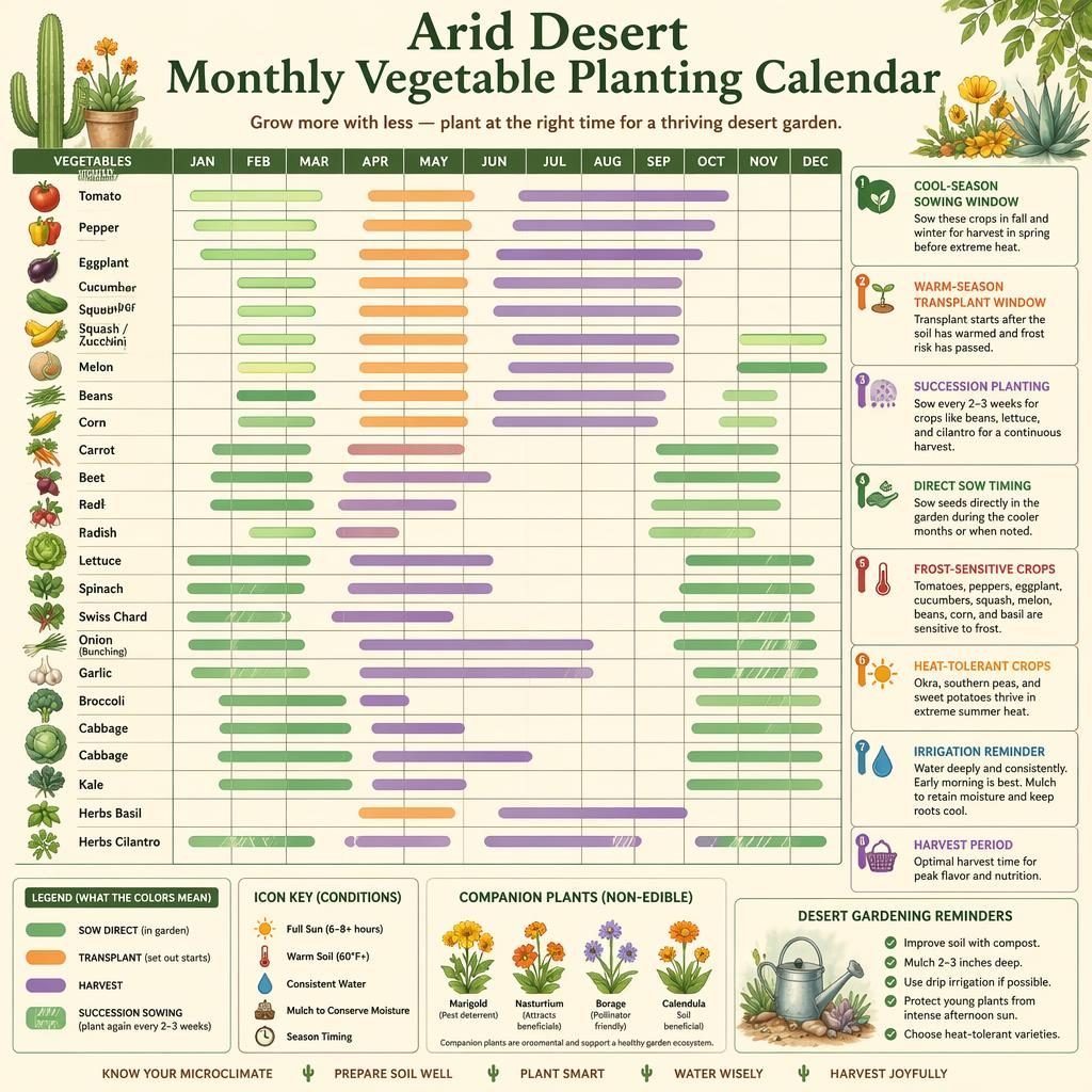 Botanical infographic with a January to December vegetable garden planting schedule for arid desert climates.