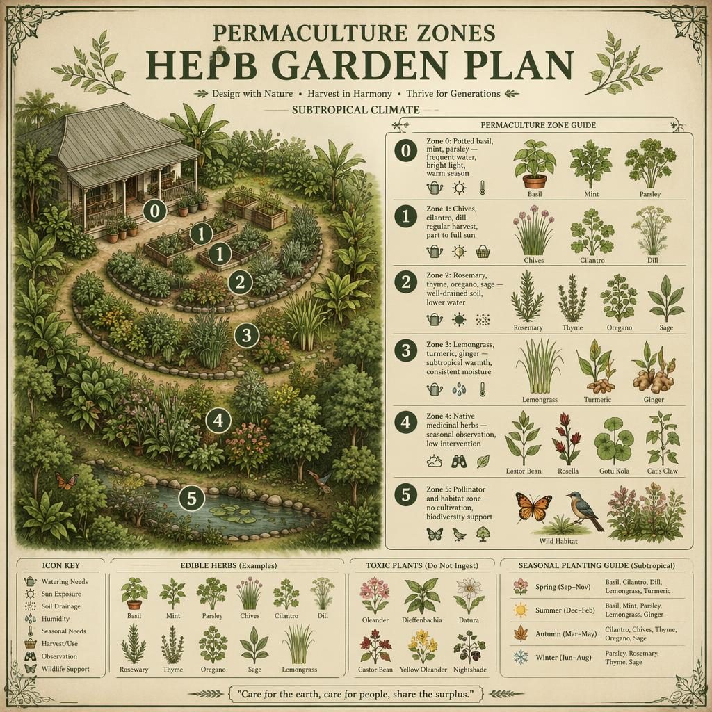 Vintage sage infographic map of permaculture zones 0-5 with labeled herb placements, care icons, and botanical details.