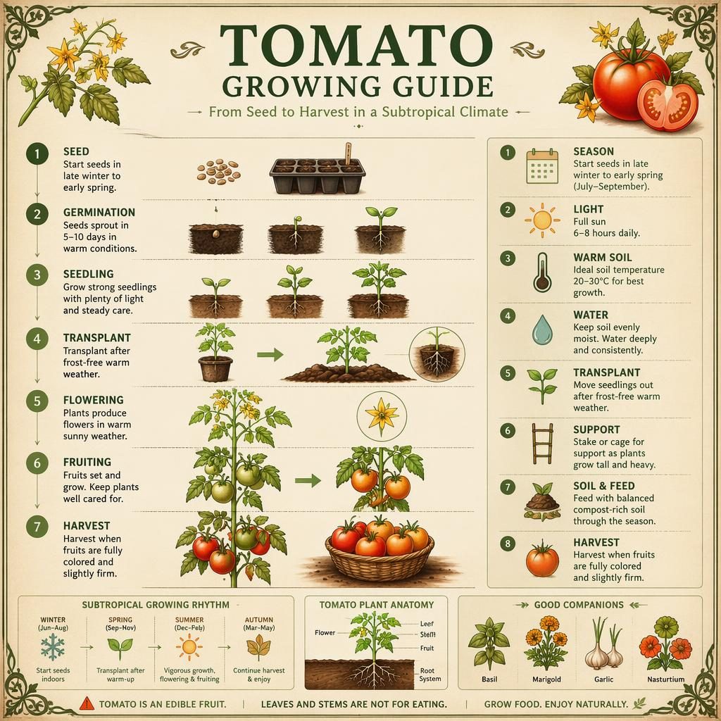 Infografía vertical botánica sobre el cultivo del tomate, de semilla a cosecha, con etapas, iconos y estilo vintage.