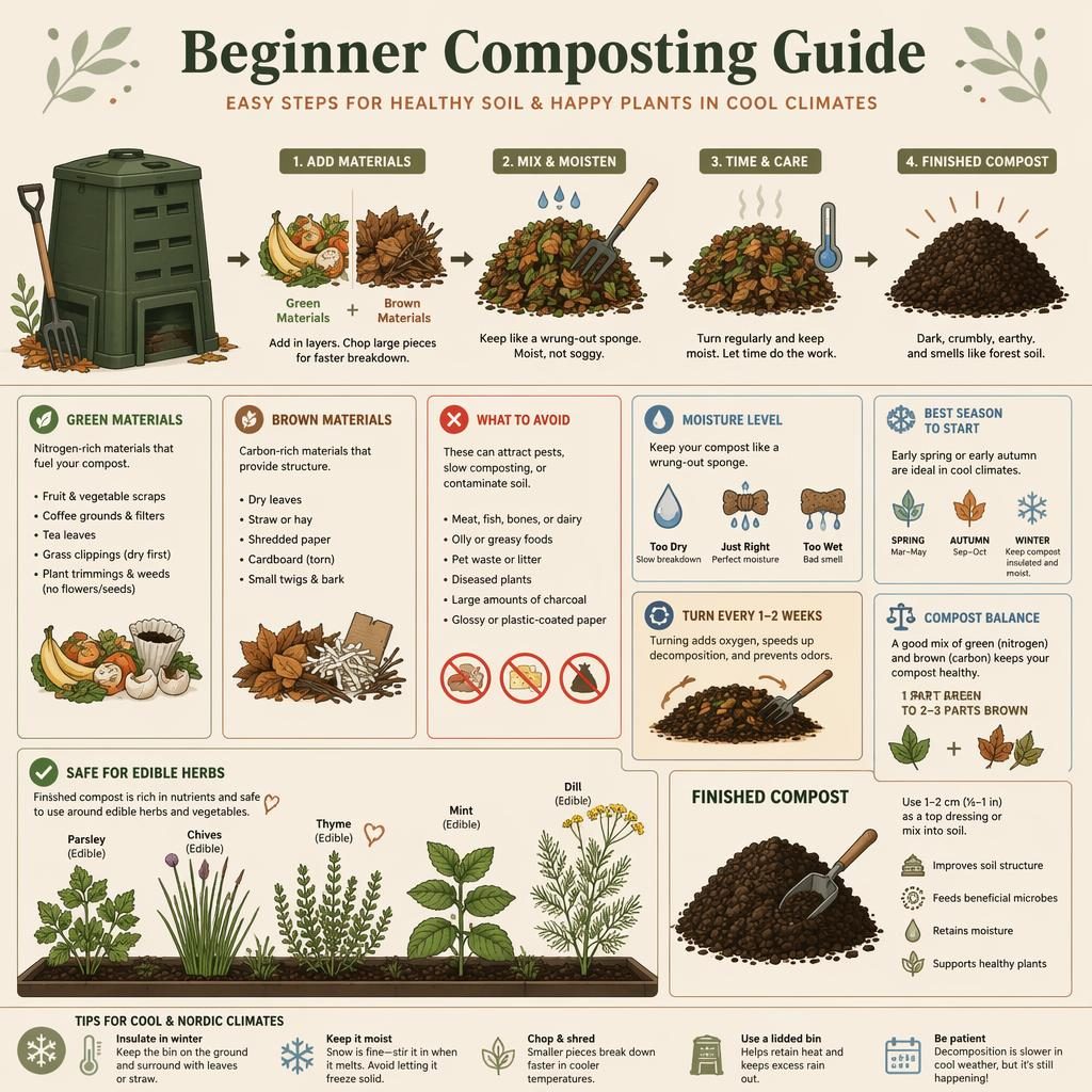 Minimal flat composting infographic with compost bin, scraps, leaves, finished compost, and labeled edible herbs.