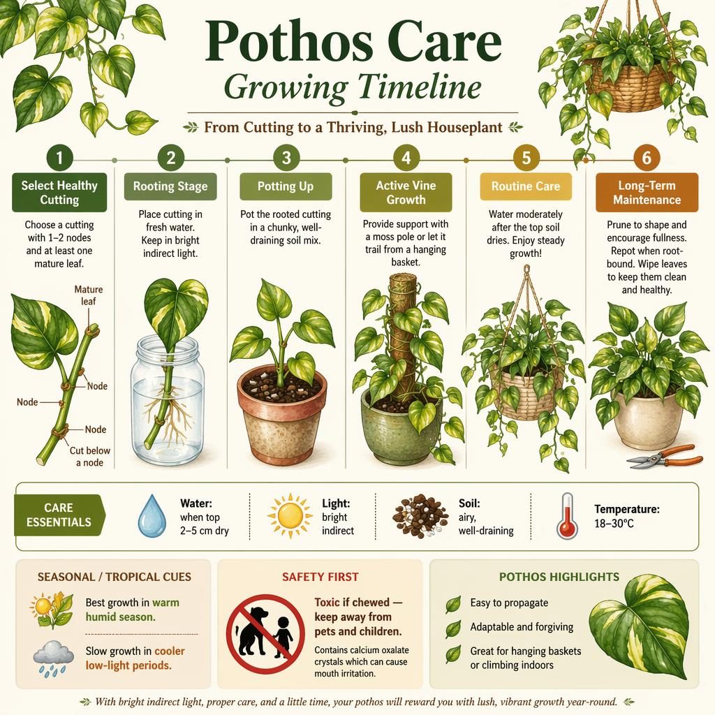 Watercolor gardening infographic showing a left-to-right pothos care growing timeline with 6 labeled stages and care icons.
