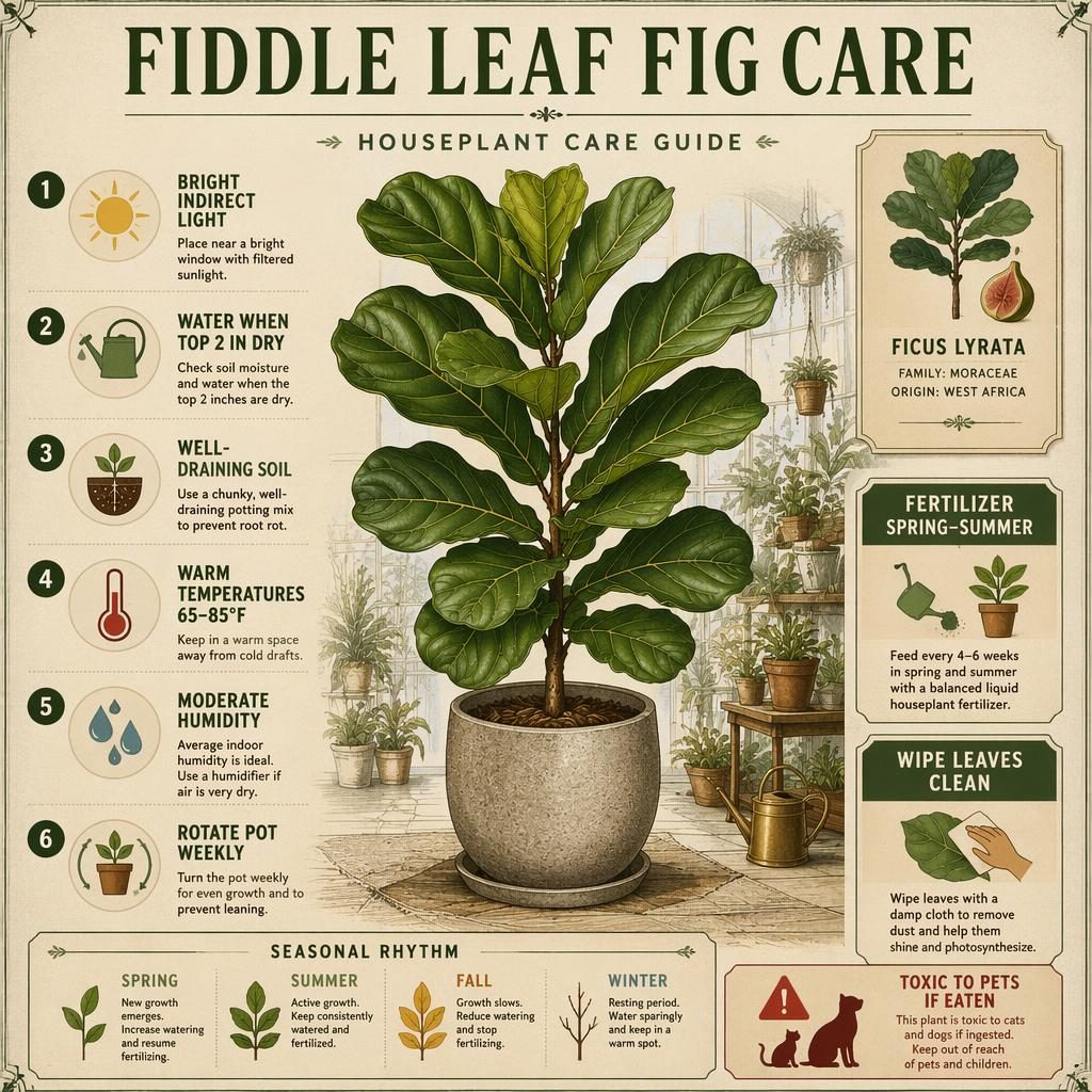 Infographie de soin du Ficus lyrata avec illustration centrale en pot, pictogrammes d’entretien et palette vintage vert crème.