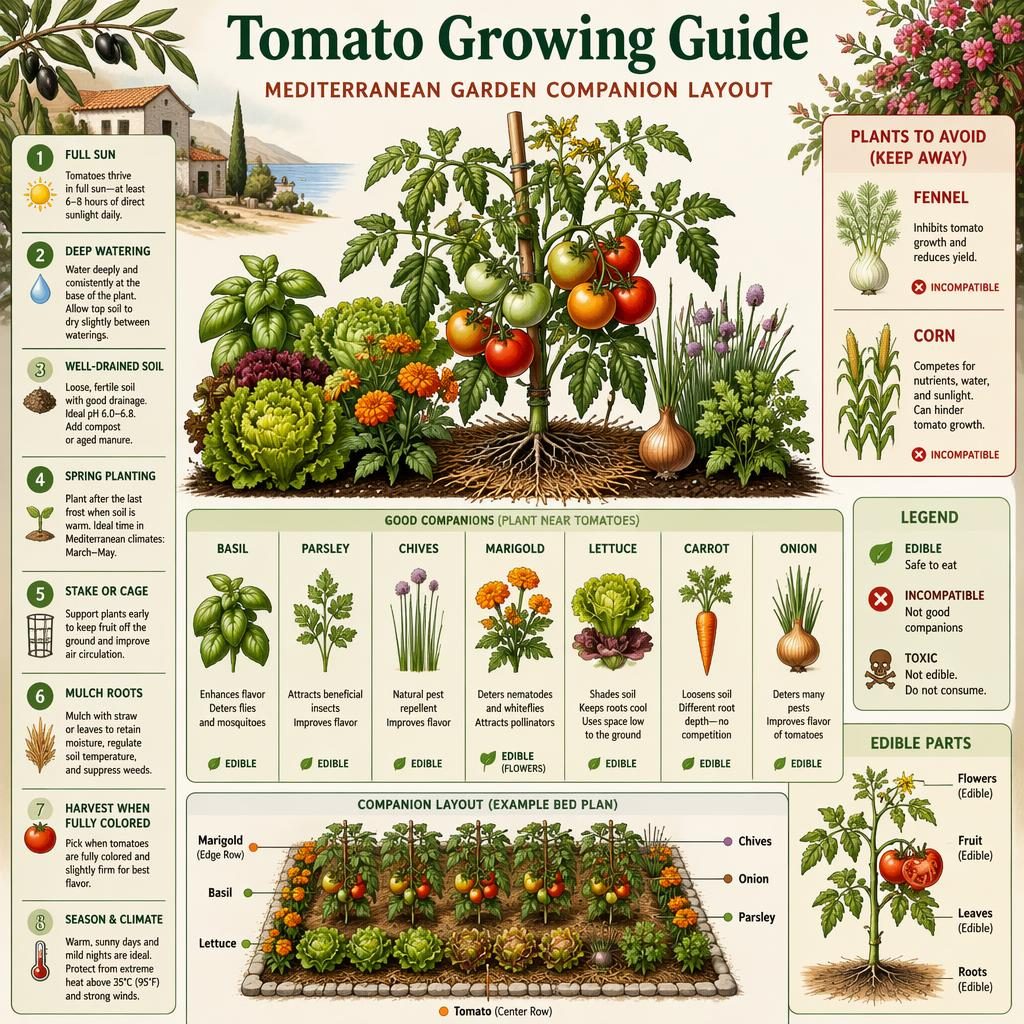 Botanical tomato growing guide infographic with companion planting grid, care callouts, beneficial herbs, and avoid-near plants.