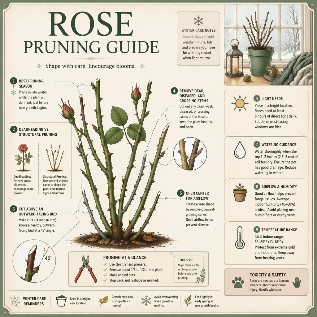 Botanical rose pruning infographic with labeled canes, buds, pruning cuts, care icons, and indoor winter care notes.