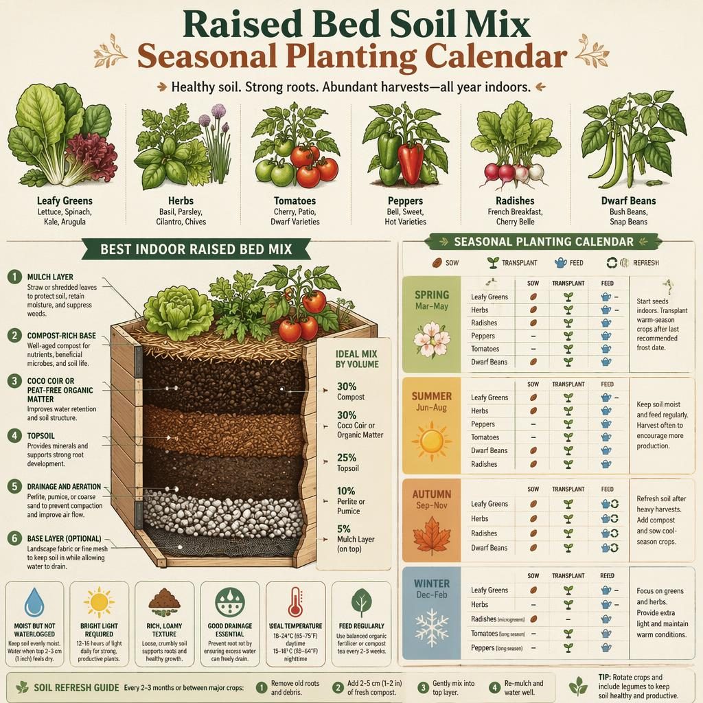 Indoor gardening infographic with raised bed soil mix cutaway, seasonal planting calendar, and edible crops in botanical style.
