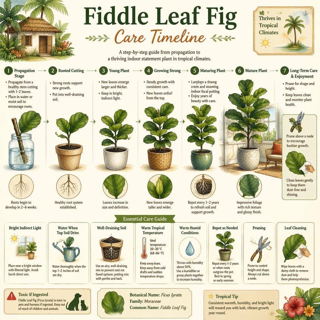 Watercolor fiddle leaf fig care timeline infographic showing propagation, young and mature stages with light, water, soil and humidity icons.