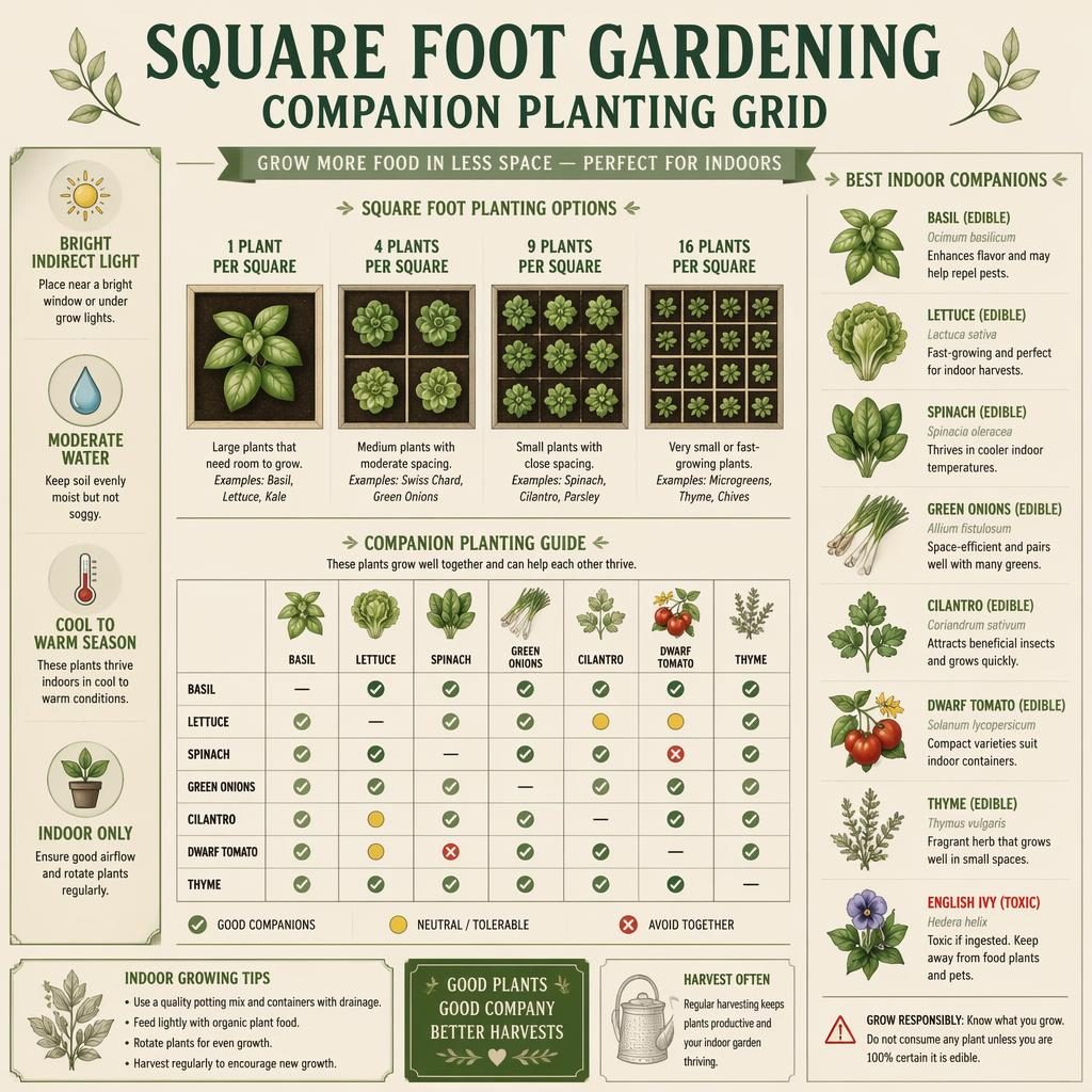 Editorial gardening infographic with square-foot companion planting grid, botanical plant illustrations, indoor care callouts.
