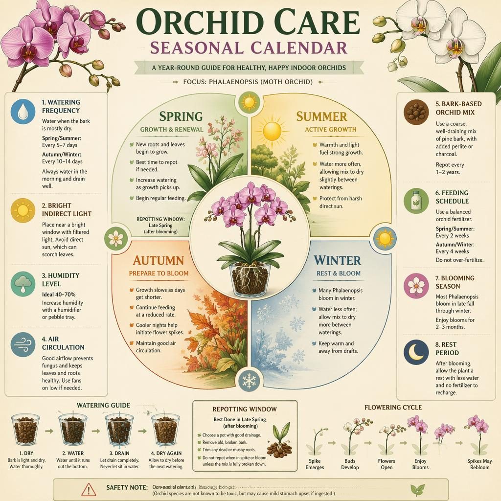 Indoor orchid care infographic with a four-season calendar, care icons, and labeled callouts for watering, light, humidity, feeding, and repotting.