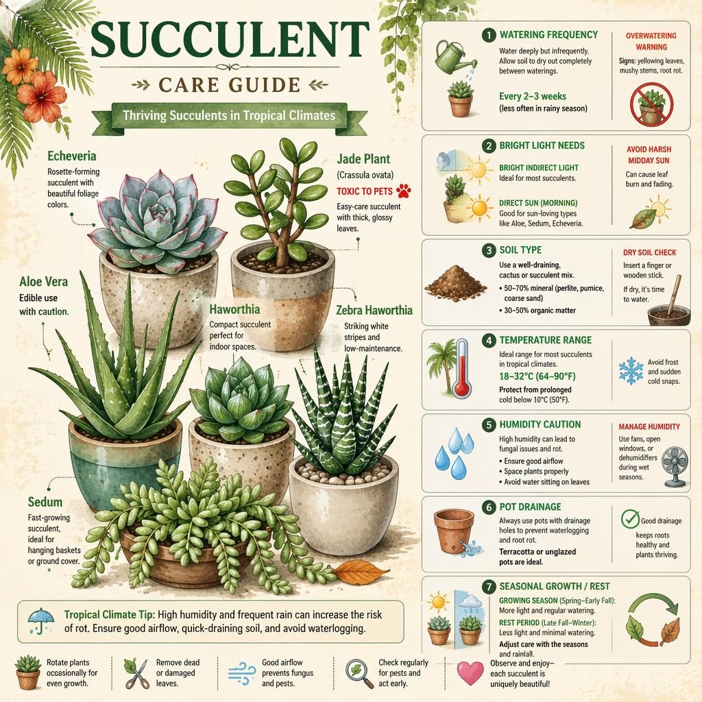 Watercolor succulent care infographic with Echeveria, Haworthia, Aloe vera, Jade plant, Sedum, and care icons.