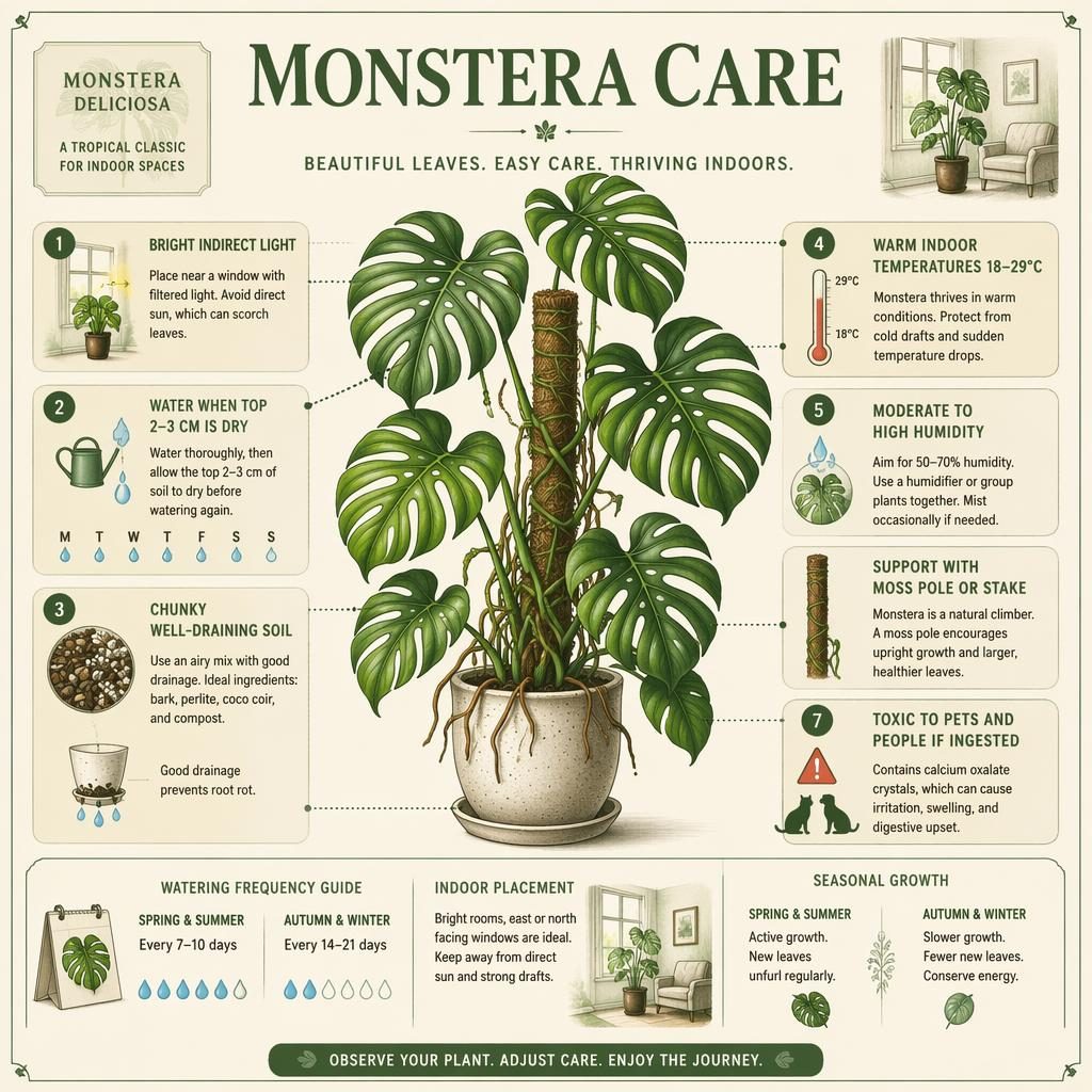 Editorial Monstera care card infographic with botanical illustration, 7 labeled care callouts, and vintage seed-packet colors.