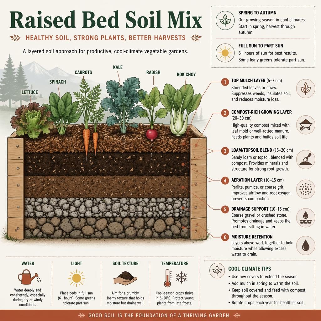 Minimal flat infographic of a raised vegetable bed cross-section with labeled soil layers, edible crops, and sun, water icons.