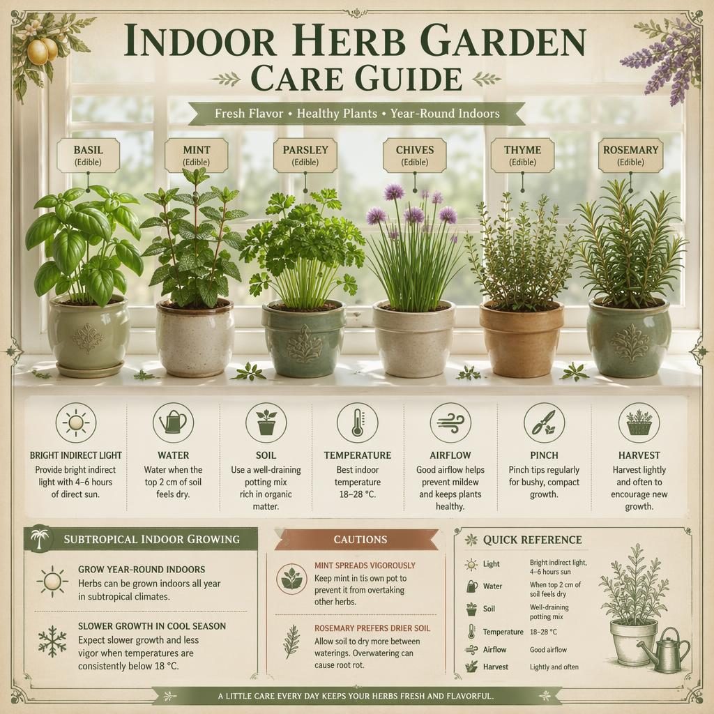 Vintage-style indoor herb garden care infographic with basil, mint, parsley, chives, thyme, and rosemary on a windowsill