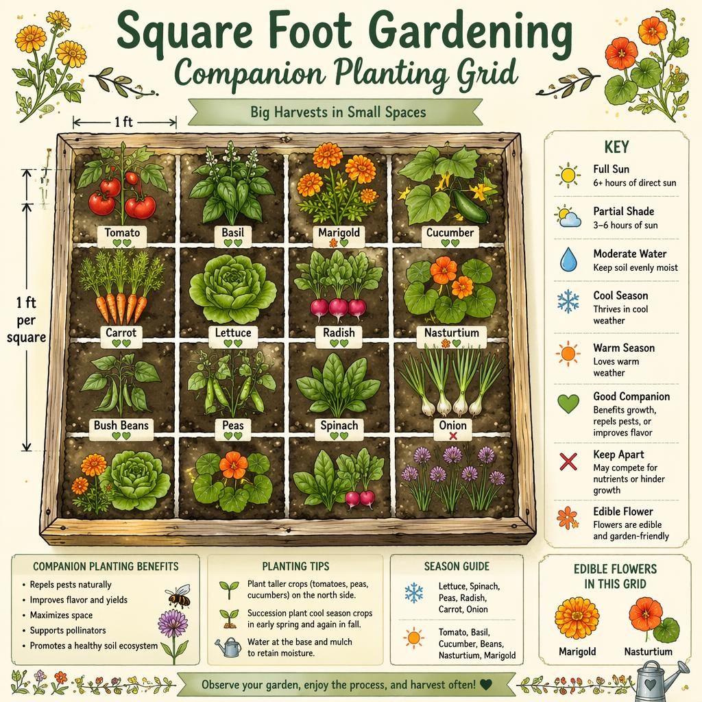 Sketchnote gardening infographic of a raised-bed square foot companion planting grid with edible crops, callouts, and icons