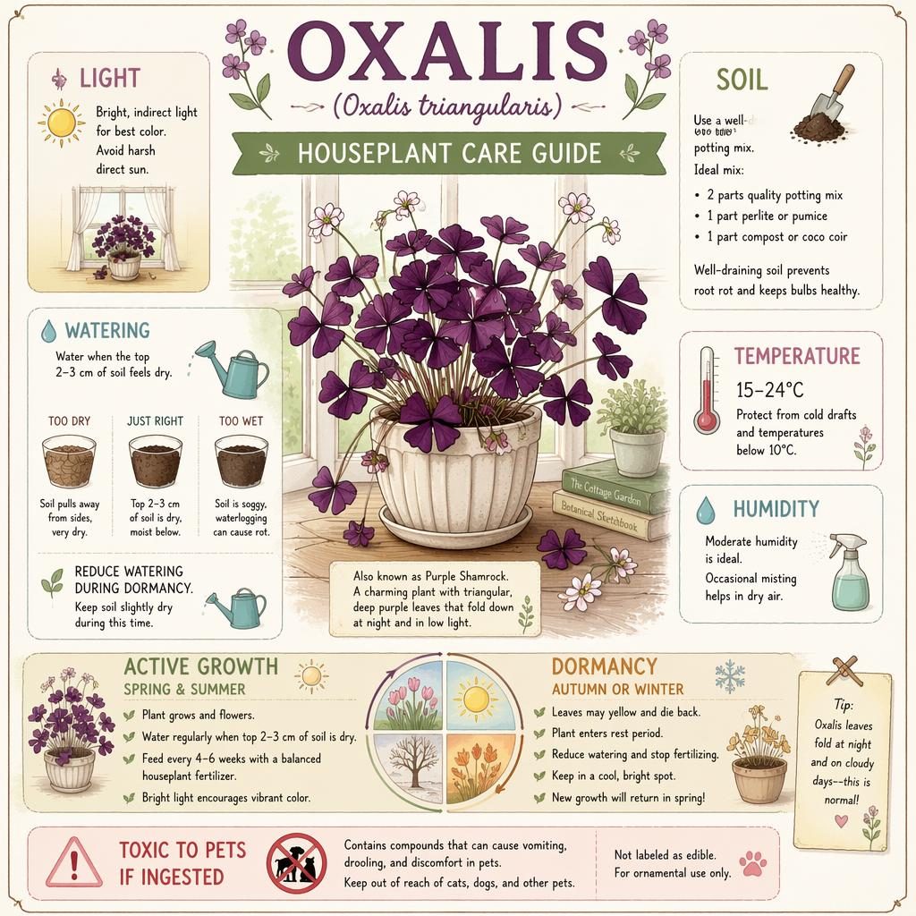 Pastel infographic showing Oxalis triangularis in a pot with labeled care icons for light, watering, soil, temperature, humidity, dormancy.