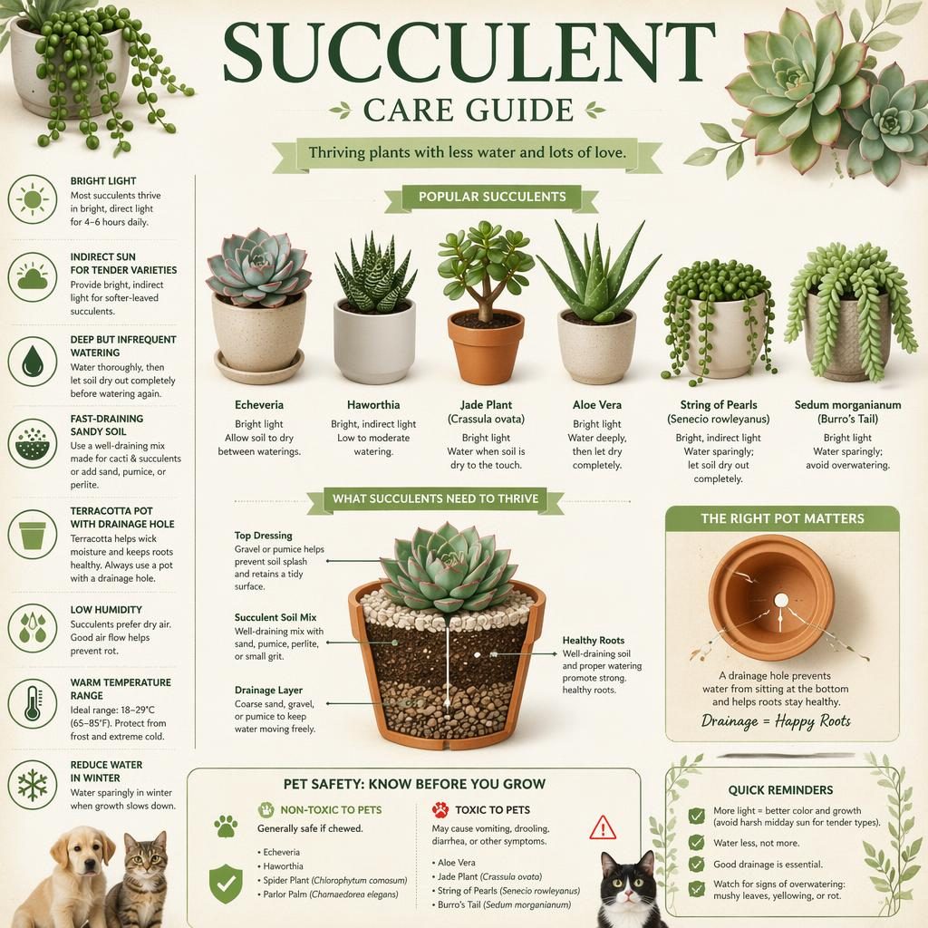 Botanical succulent care infographic with potted plants, soil cross-sections, icons, and English care labels in green tones