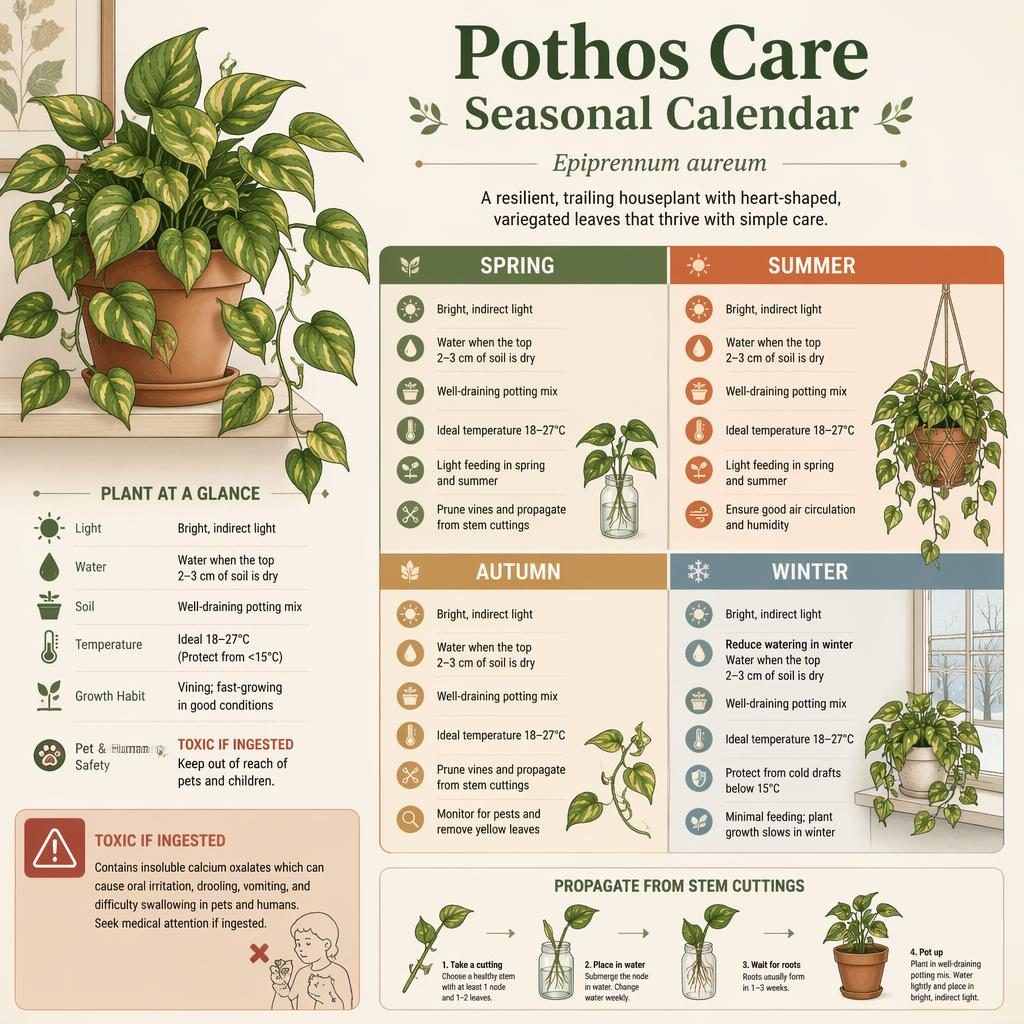 Botanical pothos care infographic with spring, summer, autumn, winter panels and indoor plant care icons.