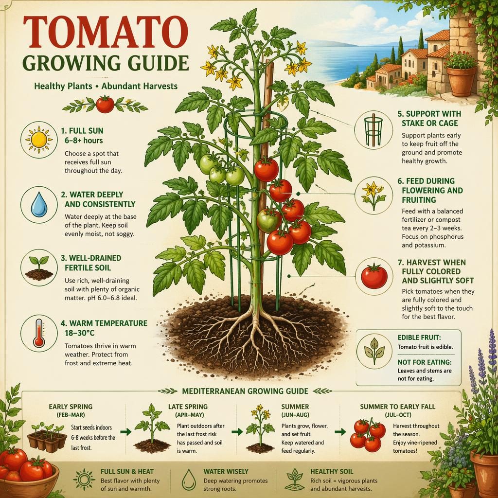 Botanical tomato care infographic with labeled plant, roots, flowers, ripe fruit, care icons, and Mediterranean tips.