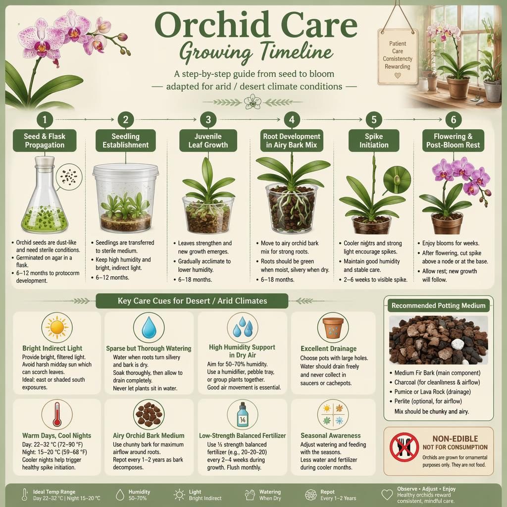 Botanical orchid care infographic with 6 left-to-right growth stages, desert-climate tips, icons, and green cottage style.