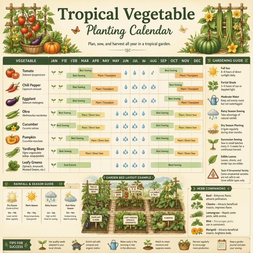 Infografía de calendario tropical de siembra de verduras con meses, hortalizas ilustradas, leyenda y señales de sol, agua y lluvia.
