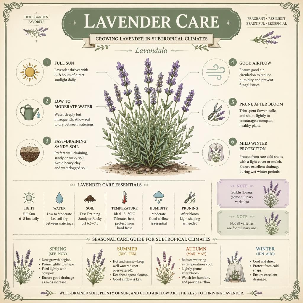 Vintage seed packet style lavender care infographic with botanical illustration, 6 labeled callouts, care icons, and seasonal row.