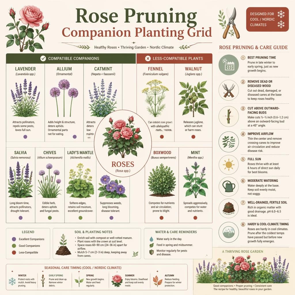 Flat gardening infographic showing a rose companion planting grid with labeled herbs, flowers, care callouts, and icons.