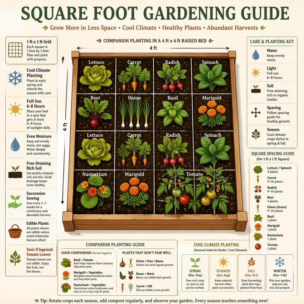 Printable square foot gardening chart infographic with raised-bed grid, edible crops, companion planting cues, and cool climate icons.