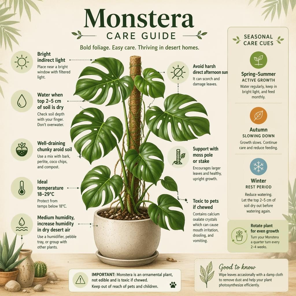 Botanische Monstera-Infografik mit englischen Pflege-Callouts, Icons, saisonalem Panel und grünem Cottage-Garden-Layout.