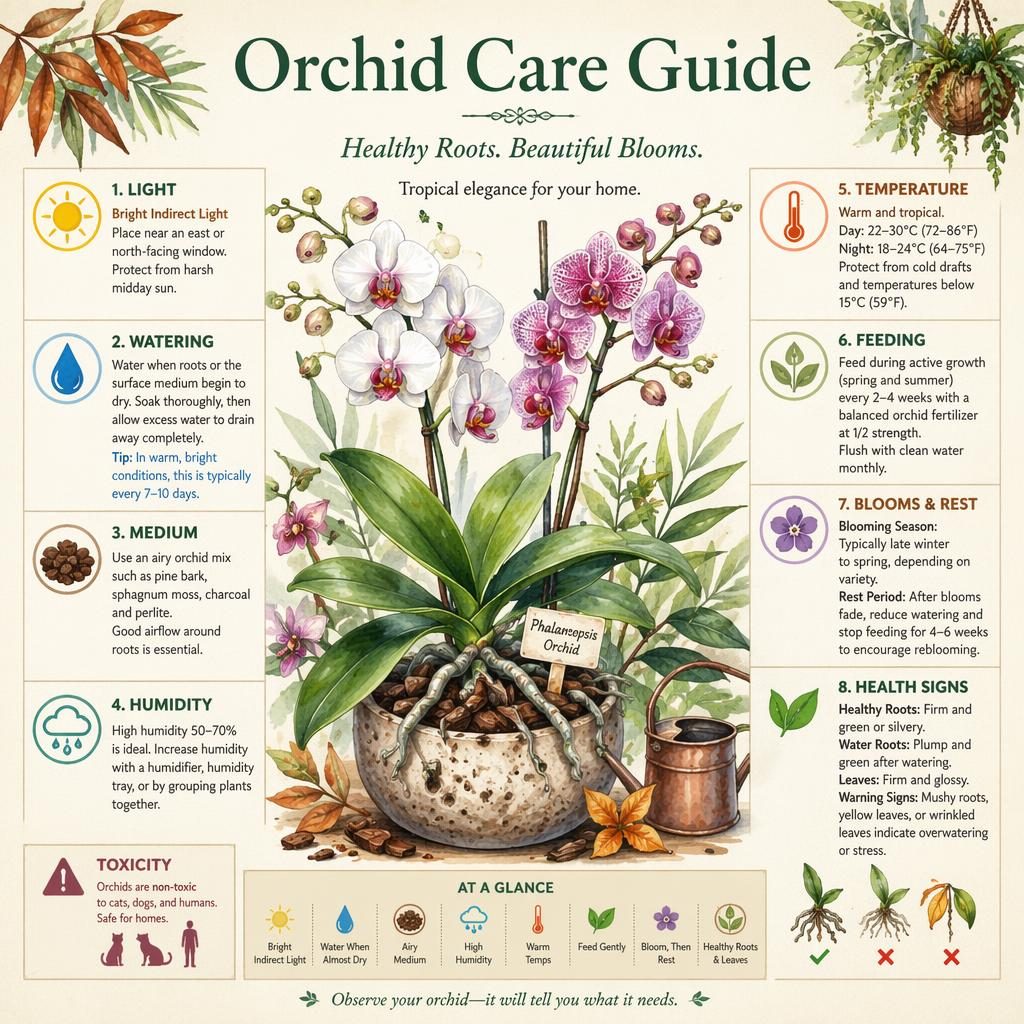 Watercolor orchid care card infographic with labeled icons for light, watering, humidity, temperature, medium, feeding, season, and health signs.