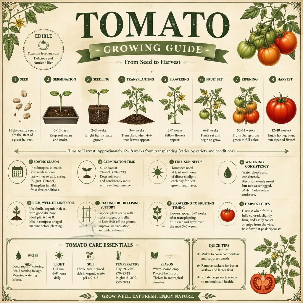 Gardening infographic titled "Tomato Growing Guide". Archetype: GROWING TIMELINE (seed → harvest). Vintage seed packet l