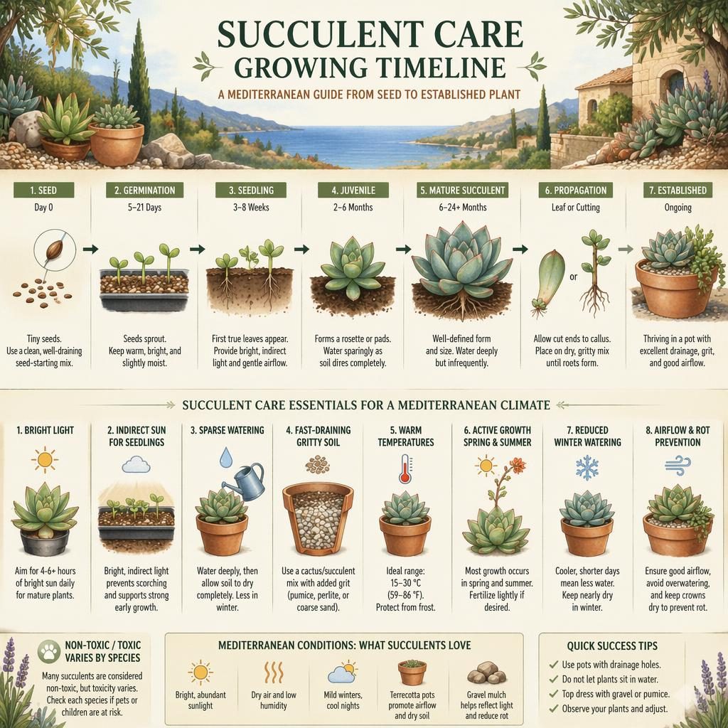 Infographie botanique montrant une frise de culture des succulentes, de la graine à la plante en pot, climat méditerranéen.