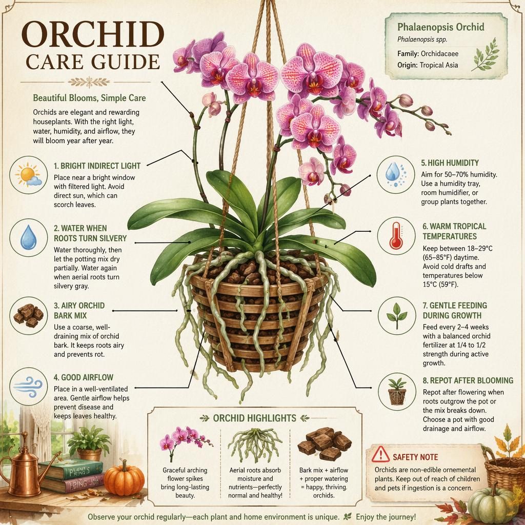Watercolor orchid care infographic with hanging plant, labeled callouts, care icons, bark mix, aerial roots, and blooms