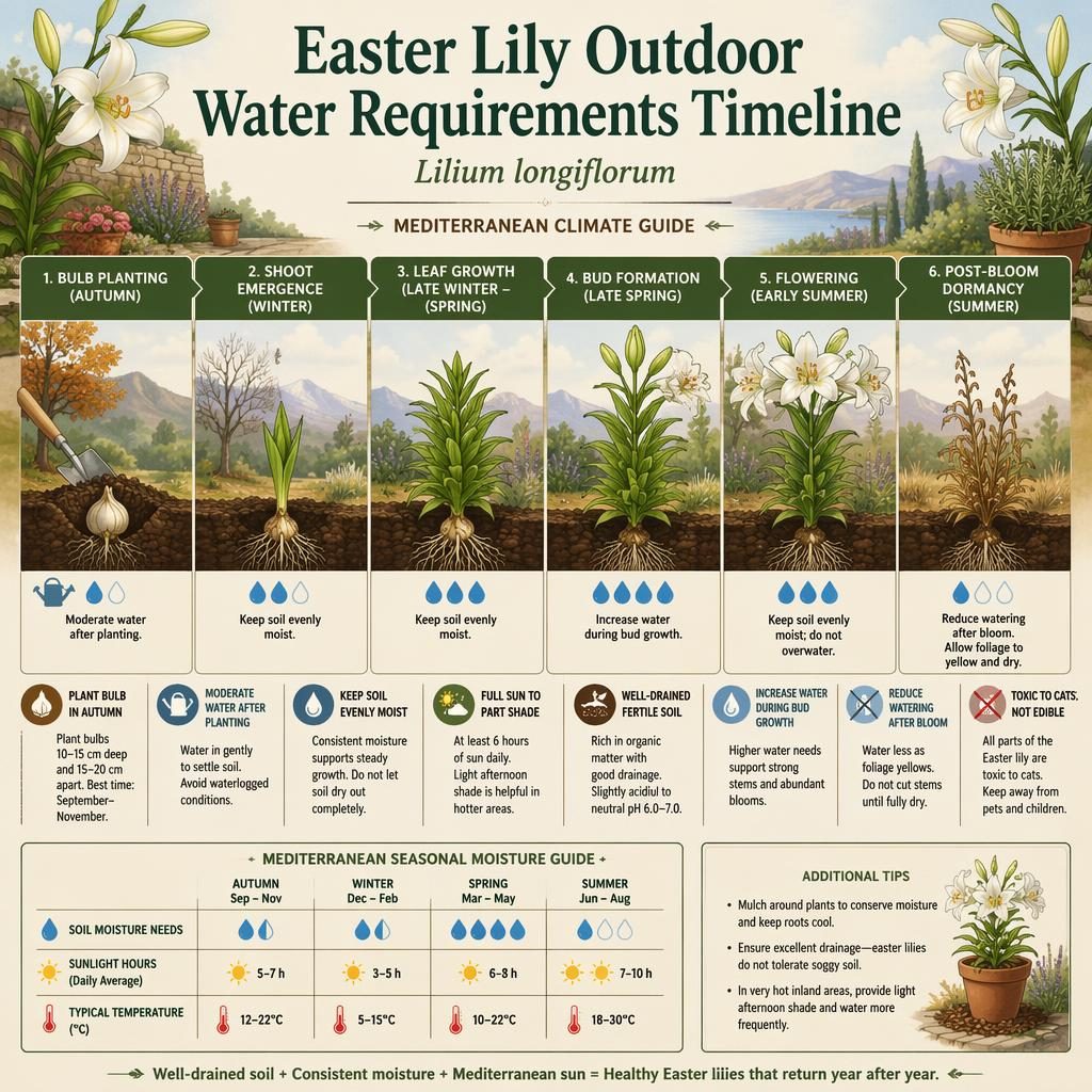 Botanical infographic showing Easter lily outdoor care stages from bulb planting to dormancy with watering callouts.