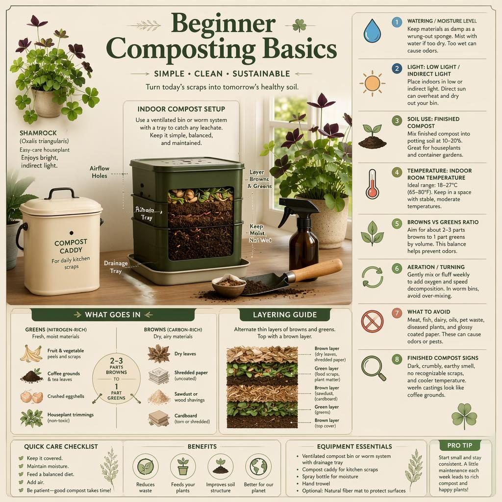 Indoor composting infographic with compost caddy, worm bin, browns and greens layers, tools, icons, and shamrock plant.