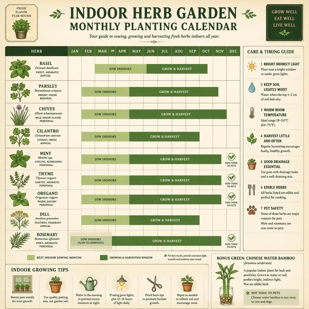 Editorial indoor herb garden planting calendar infographic with Jan-Dec sections, herb illustrations, care icons, and chinese water bamboo cue.